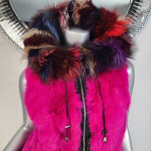 $495~ADRIENNE LANDAU~S~PINK GENUINE FOX FUR REAL RABBIT HOODED VEST COAT JACKET